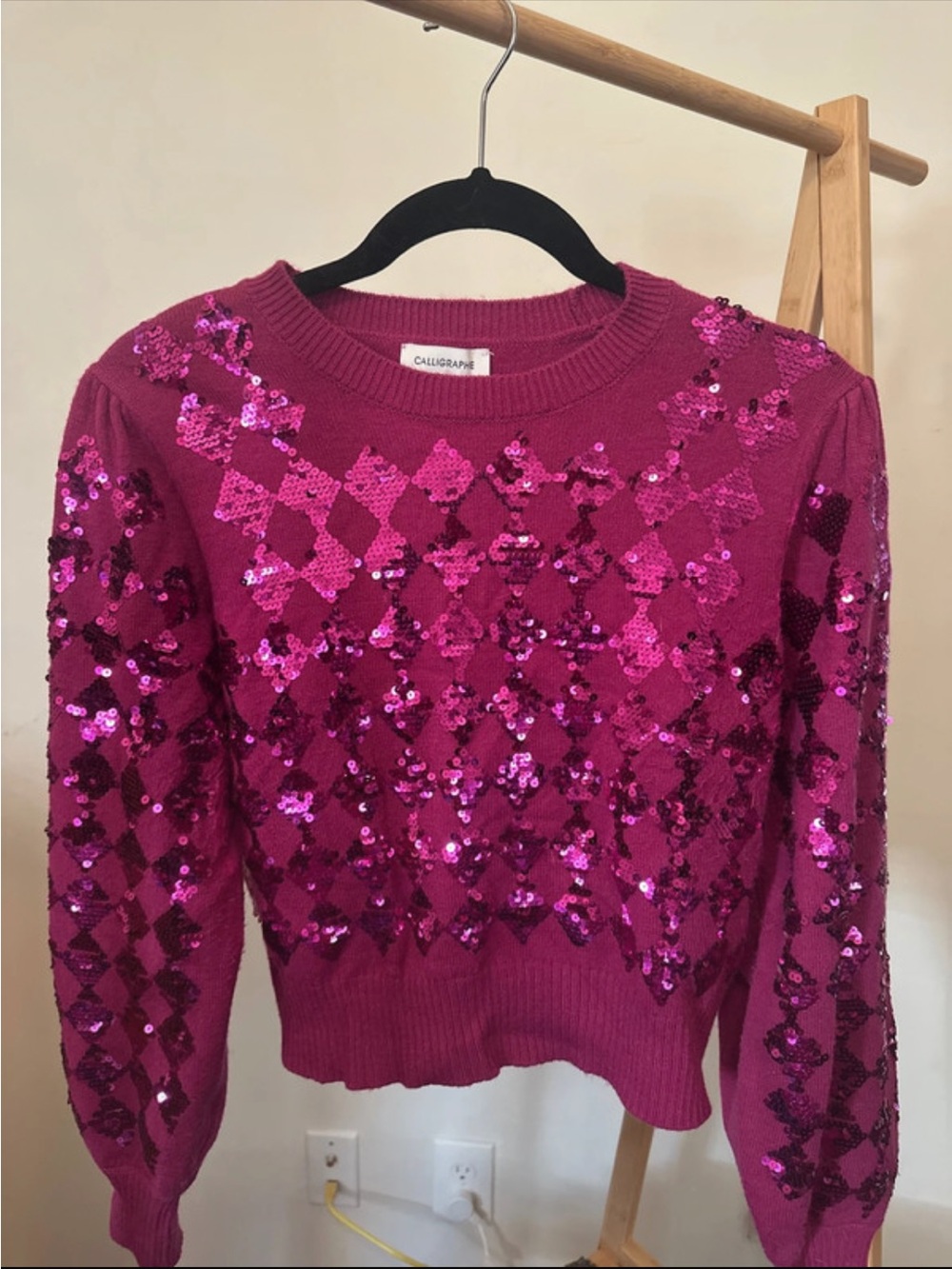 Calligraphy Magenta Sequin Diamond Knit Sweater